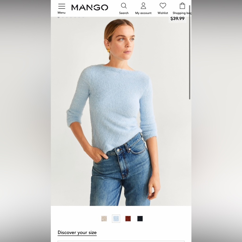 Mango Women's Light Blue Textured Fuzzy Boat Neck Sweater - Picture 2 of 8